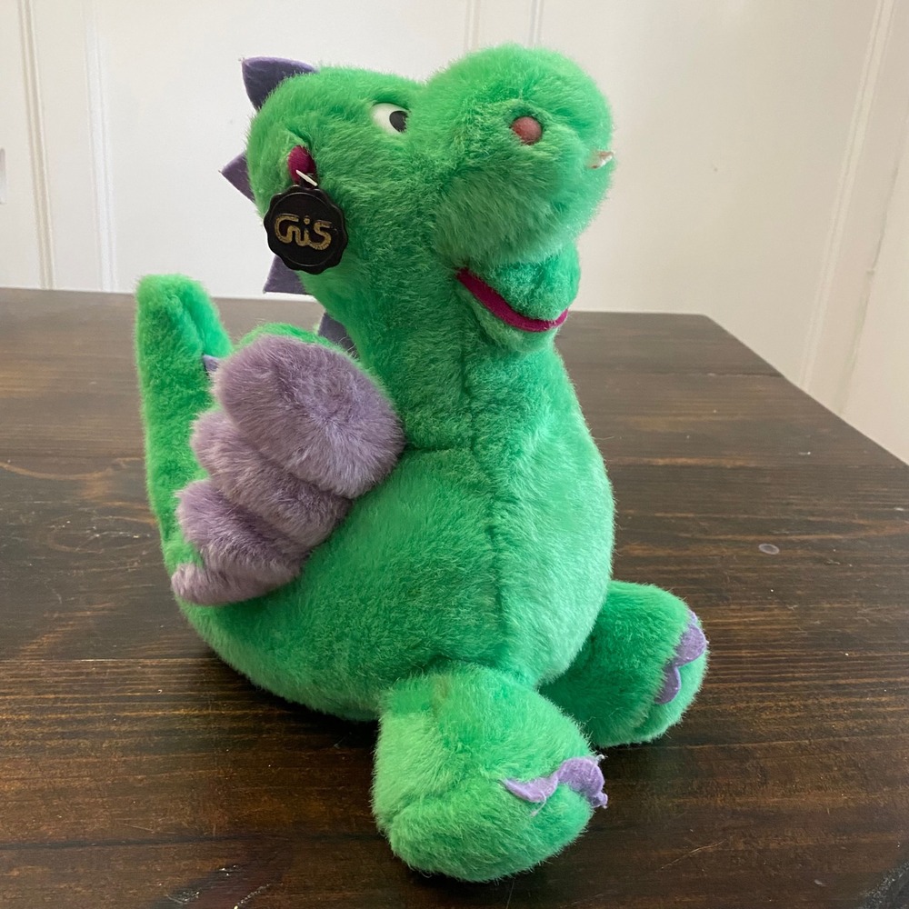 Vintage Gis Switzerland Green Dragon Plush Purple Wings Stuffed Animal Toy Korea
